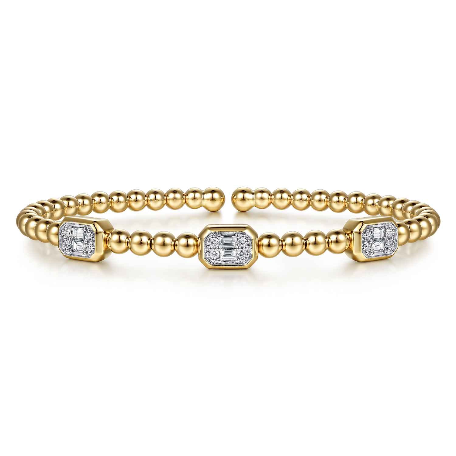 14K White and Yellow Gold Bujukan Beaded Diamond Cuff Bangle Bracelet - 0.35 ct - Shot 1