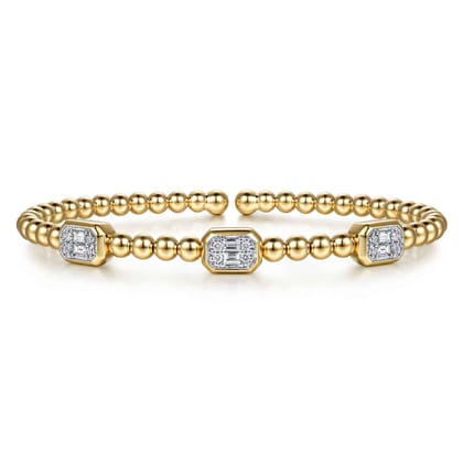 14K White and Yellow Gold Bujukan Beaded Diamond Cuff Bangle Bracelet