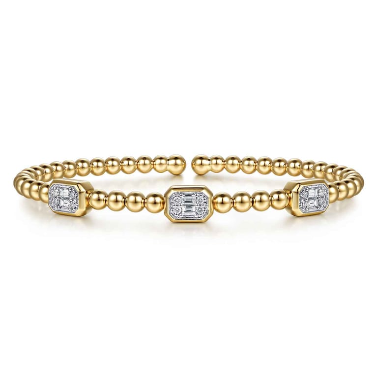 14K White and Yellow Gold Bujukan Beaded Diamond Cuff Bangle Bracelet - 0.35 ct - Shot 1