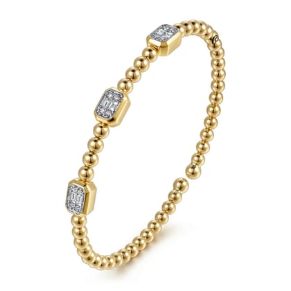 14K White and Yellow Gold Bujukan Beaded Diamond Cuff Bangle Bracelet