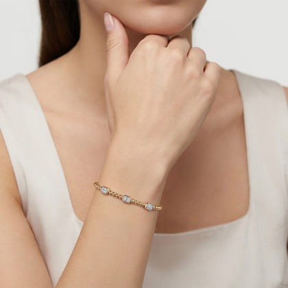 14K White and Yellow Gold Bujukan Beaded Diamond Cuff Bangle Bracelet