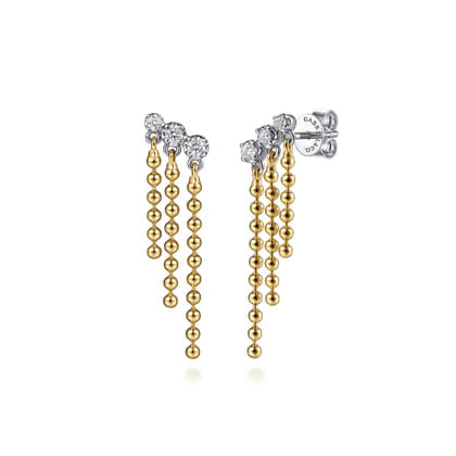 14K White and Yellow Gold Bujukan Beaded Leaf Diamond Drop Chandelier Earrings