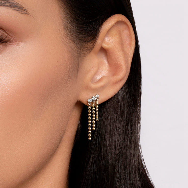 14K White and Yellow Gold Bujukan Beaded Leaf Diamond Drop Chandelier Earrings - 0.24 ct - Shot 3