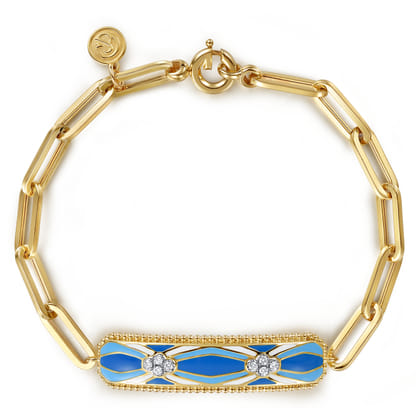 14K White and Yellow Gold Bujukan Diamond Bracelet with Blue and Dust Blue and White Enamel