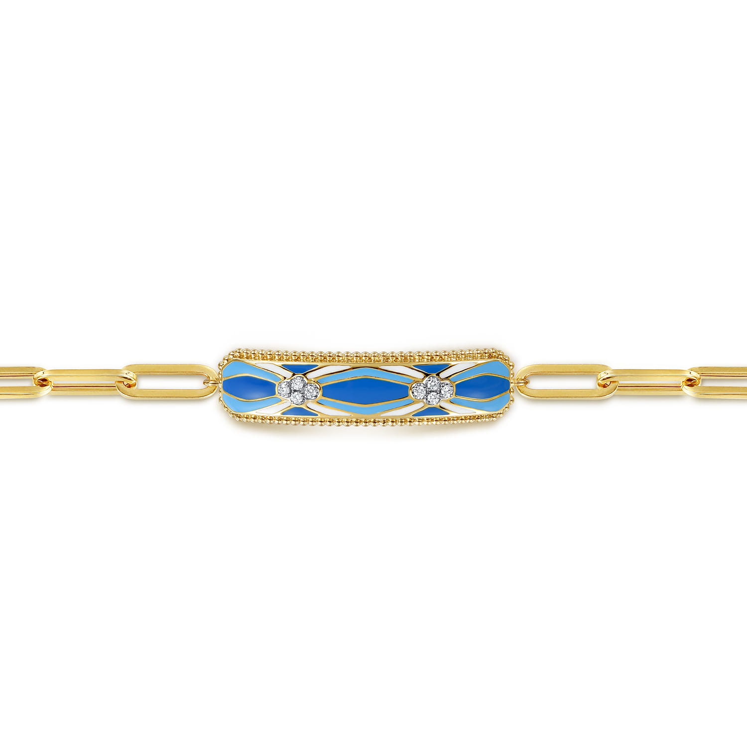 14K White and Yellow Gold Bujukan Diamond Bracelet with Blue and Dust Blue and White Enamel - 0.11 ct - Shot 2
