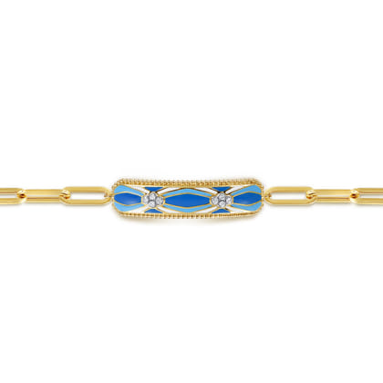 14K White and Yellow Gold Bujukan Diamond Bracelet with Blue and Dust Blue and White Enamel