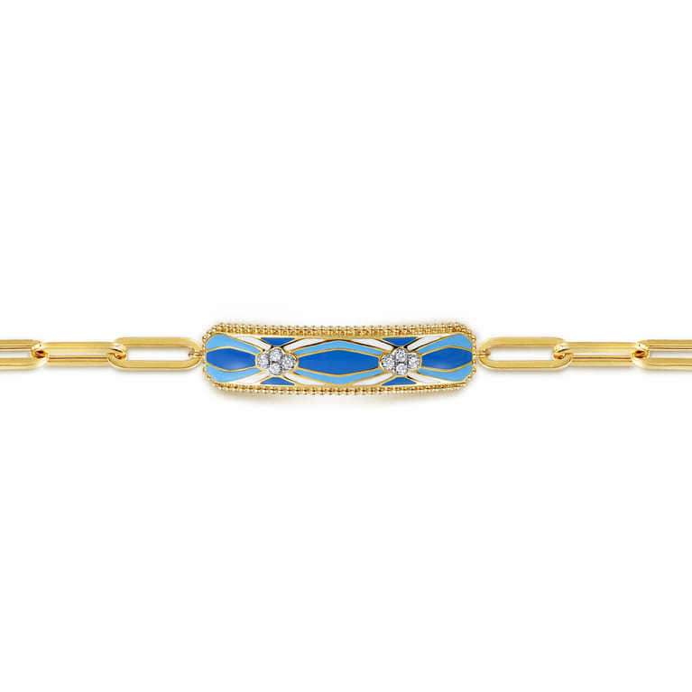 14K White and Yellow Gold Bujukan Diamond Bracelet with Blue and Dust Blue and White Enamel - 0.11 ct - Shot 2