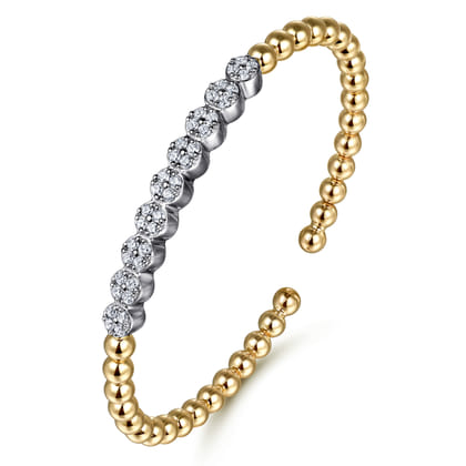 14K White and Yellow Gold Bujukan Diamond Cluster Split Bangle Bracelet