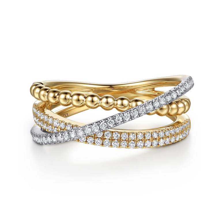 14K White and Yellow Gold Bujukan Diamond Criss Cross Ring - 0.35 ct - Shot 1