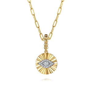 14K White and Yellow Gold Bujukan Diamond Cut Evil Eye Medallion Pendant With Detachable Bail