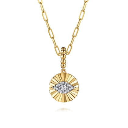 14K White and Yellow Gold Bujukan Diamond Cut Evil Eye Medallion Pendant With Detachable Bail
