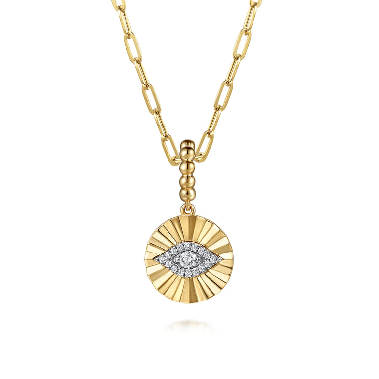 14K White and Yellow Gold Bujukan Diamond Cut Evil Eye Medallion Pendant With Detachable Bail - 0.2 ct - Shot 3