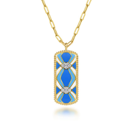 14K White and Yellow Gold Bujukan Diamond Dog Tag Pendant Necklace with Blue and Dust Blue and White Enamel