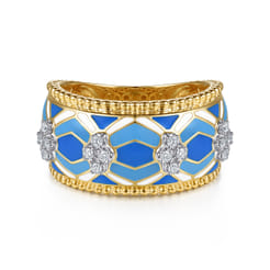 14K White and Yellow Gold Bujukan Diamond Wide Band with Blue and Dust Blue and White Enamel