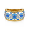 14K White and Yellow Gold Bujukan Diamond Wide Band with Blue and Dust Blue and White Enamel - 0.16 ct