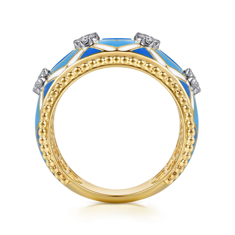 14K White and Yellow Gold Bujukan Diamond Wide Band with Blue and Dust Blue and White Enamel - 0.16 ct - Shot 2