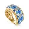 14K White and Yellow Gold Bujukan Diamond Wide Band with Blue and Dust Blue and White Enamel - 0.16 ct