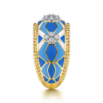 14K White and Yellow Gold Bujukan Diamond Wide Band with Blue and Dust Blue and White Enamel