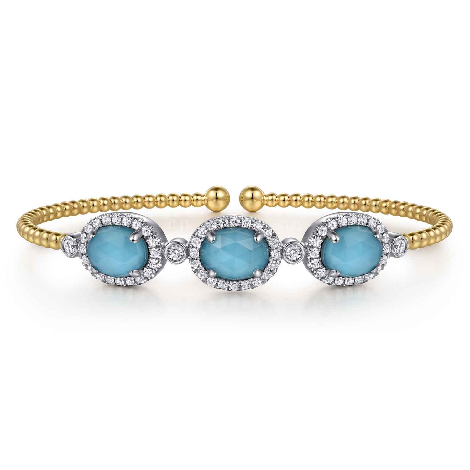 14K White and Yellow Gold Bujukan Diamond and Rock Crystal and Turquoise Bangle - 0.5 ct - Shot 1