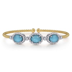 14K White and Yellow Gold Bujukan Diamond and Rock Crystal and Turquoise Bangle