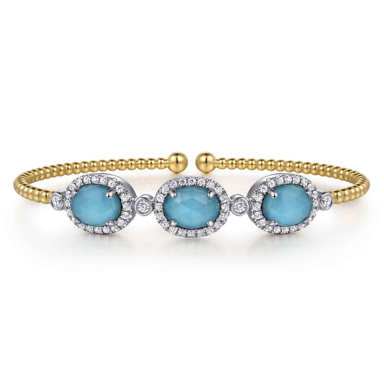14K White and Yellow Gold Bujukan Diamond and Rock Crystal and Turquoise Bangle - 0.5 ct - Shot 1