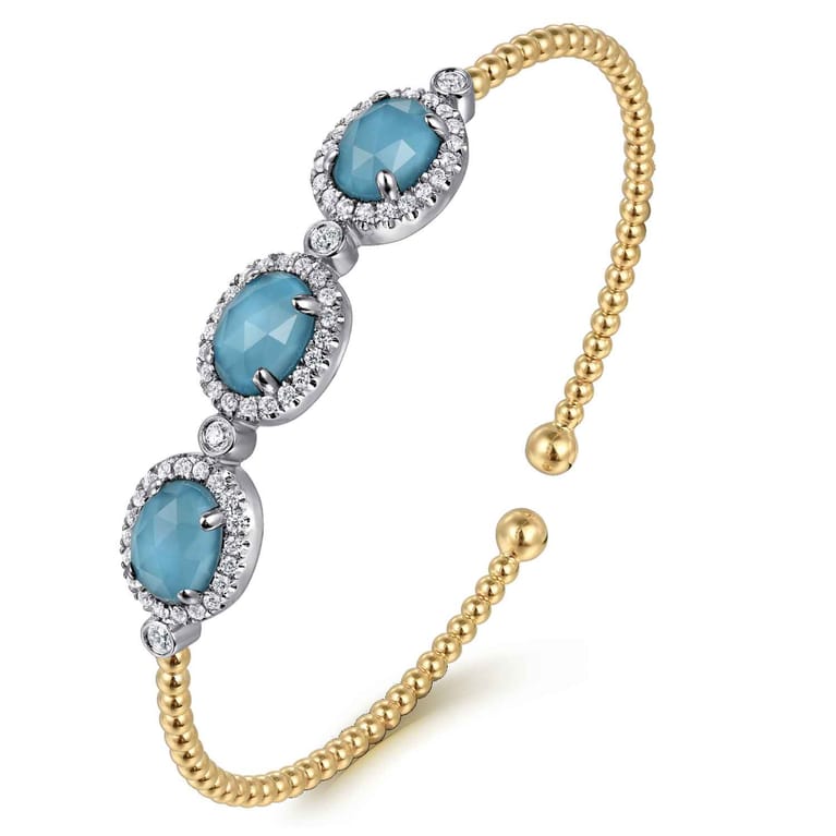 14K White and Yellow Gold Bujukan Diamond and Rock Crystal and Turquoise Bangle - 0.5 ct - Shot 2