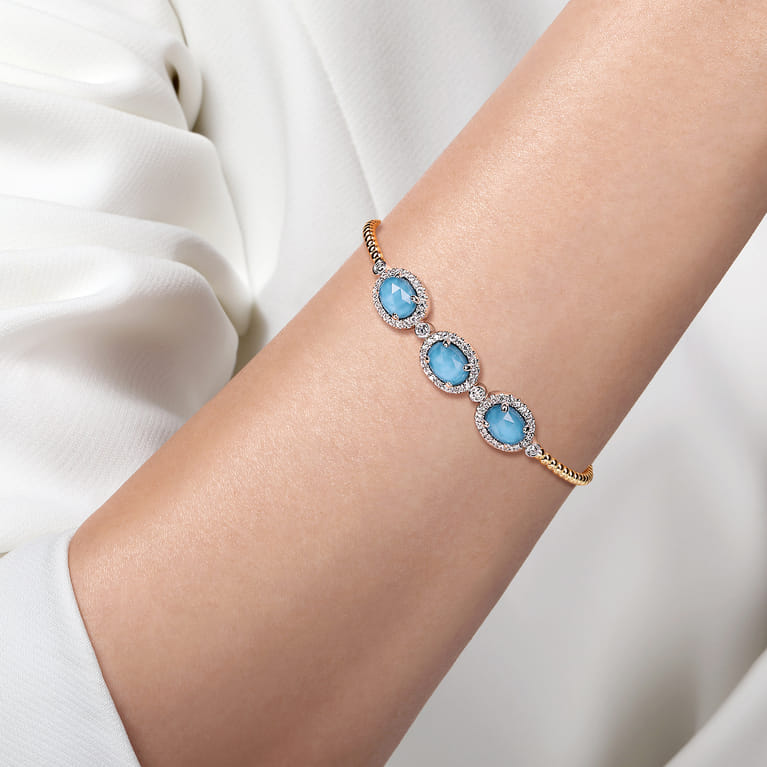 14K White and Yellow Gold Bujukan Diamond and Rock Crystal and Turquoise Bangle - 0.5 ct - Shot 4