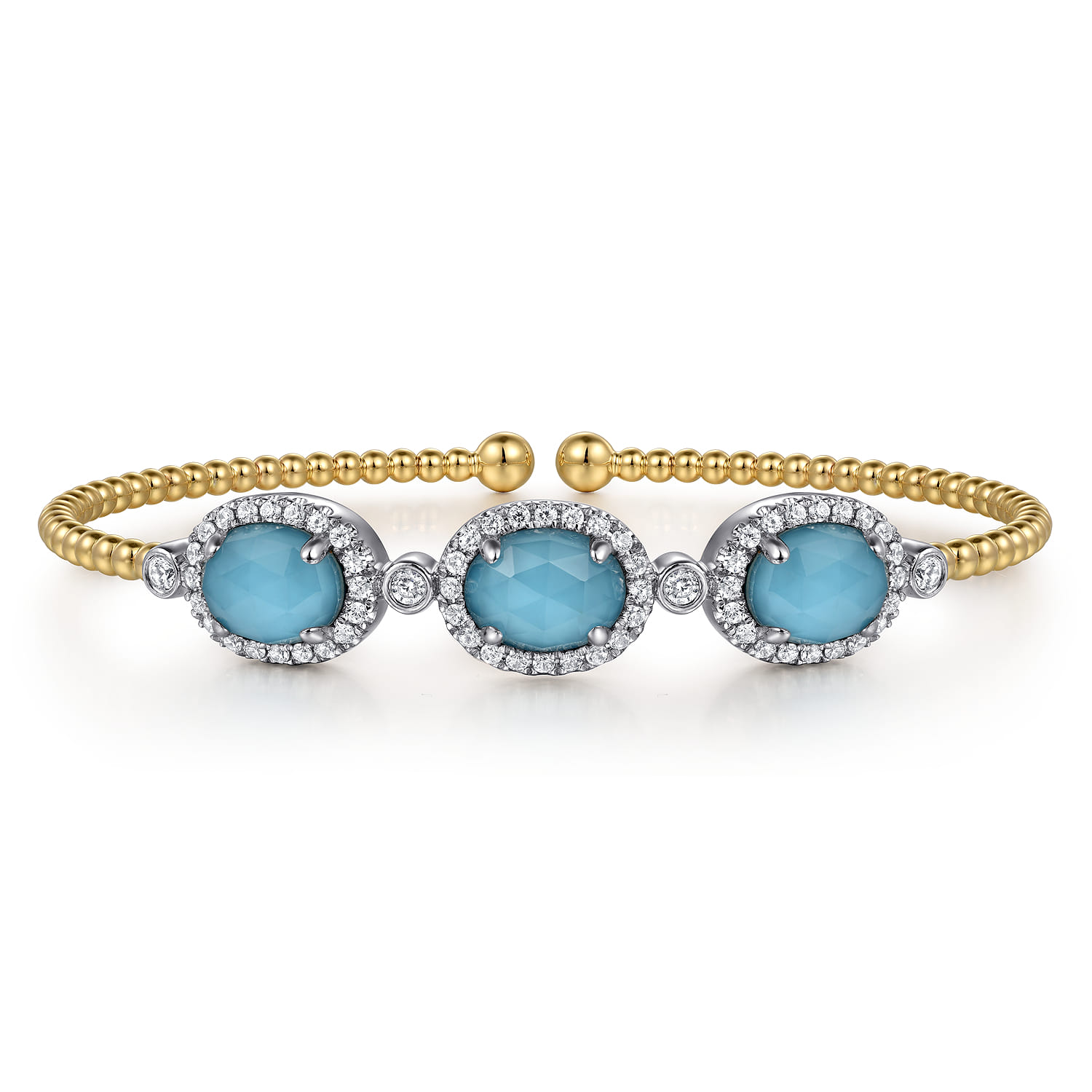 14K White and Yellow Gold Bujukan Diamond and Rock Crystal and Turquoise Bangle - 0.5 ct - Shot 1
