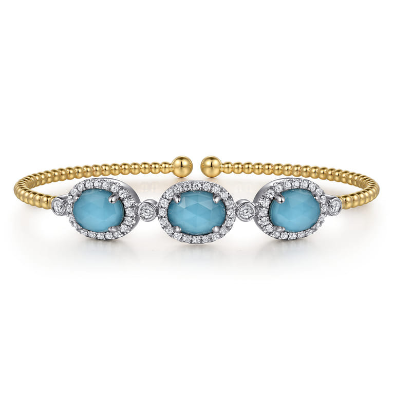 14K White and Yellow Gold Bujukan Diamond and Rock Crystal and Turquoise Bangle - 0.5 ct - Shot 1
