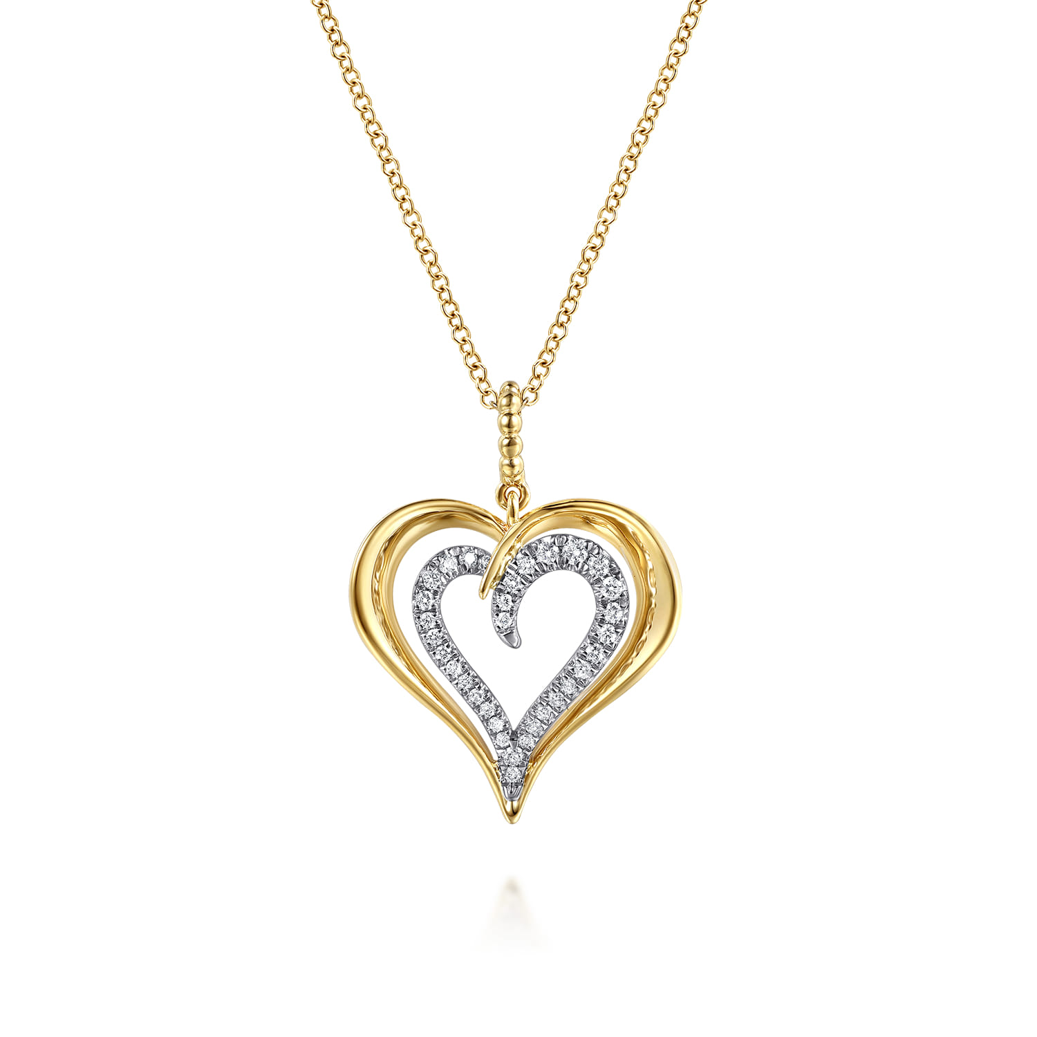 14K White and Yellow Gold Bujukan Graduating Diamond Heart Pendant Necklace - 0.18 ct - Shot 1