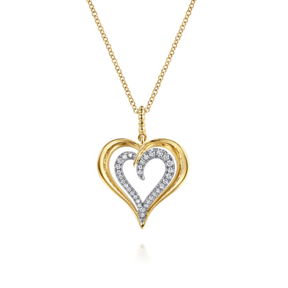 14K White and Yellow Gold Bujukan Graduating Diamond Heart Pendant Necklace