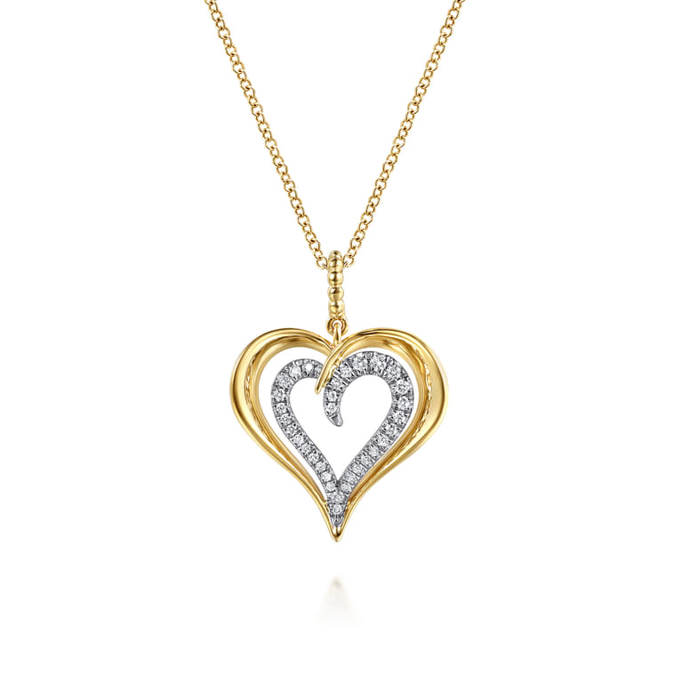 14K White and Yellow Gold Bujukan Graduating Diamond Heart Pendant Necklace - 0.18 ct - Shot 1