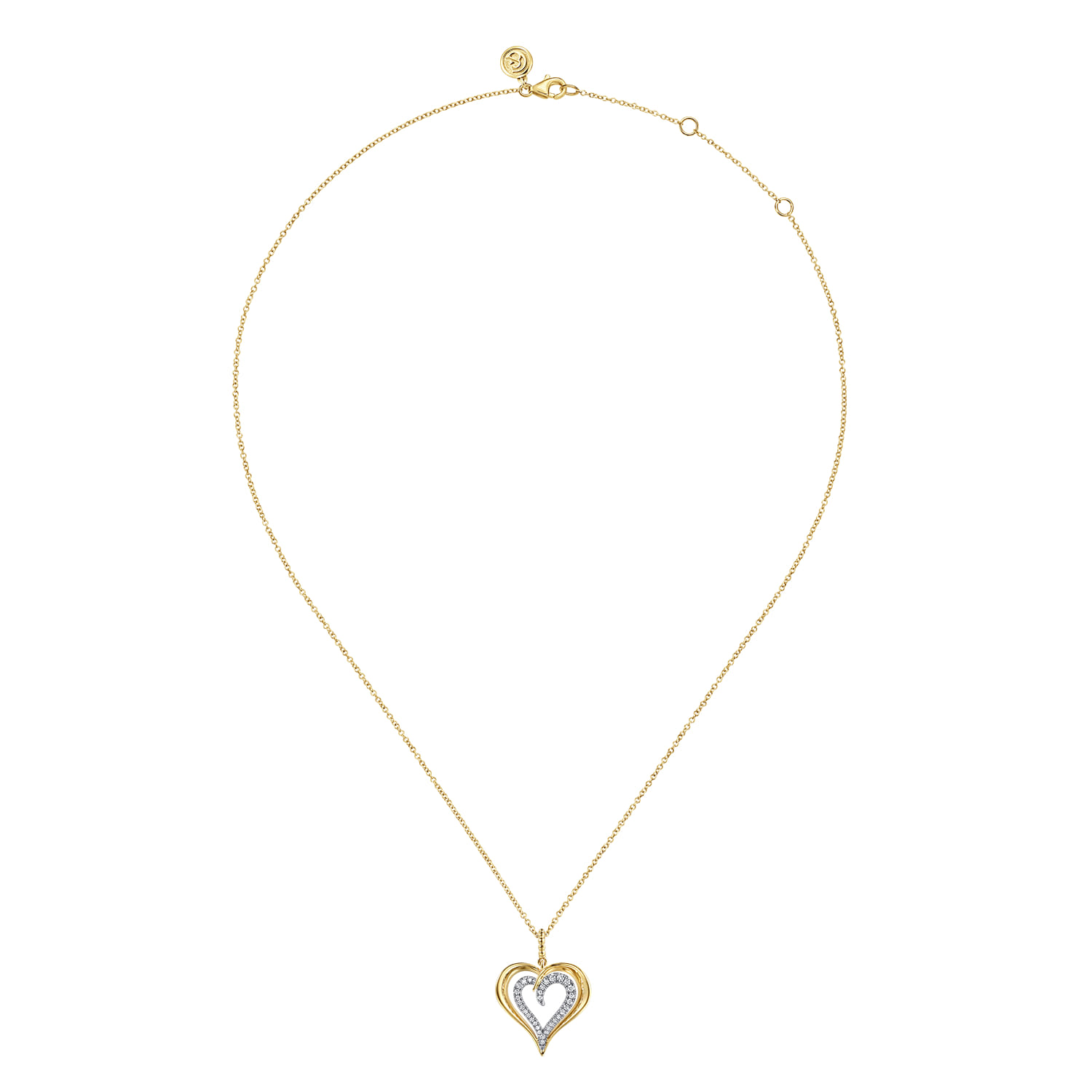 14K White and Yellow Gold Bujukan Graduating Diamond Heart Pendant Necklace - 0.18 ct - Shot 2