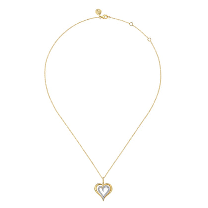 14K White and Yellow Gold Bujukan Graduating Diamond Heart Pendant Necklace