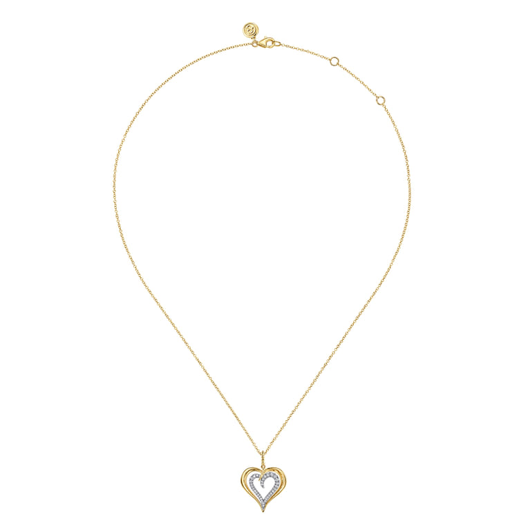 14K White and Yellow Gold Bujukan Graduating Diamond Heart Pendant Necklace - 0.18 ct - Shot 2