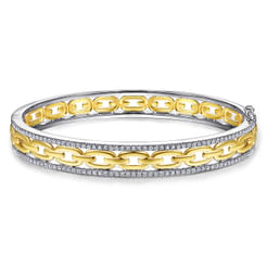 14K White and Yellow Gold Chain Link Bangle with Diamond Frame