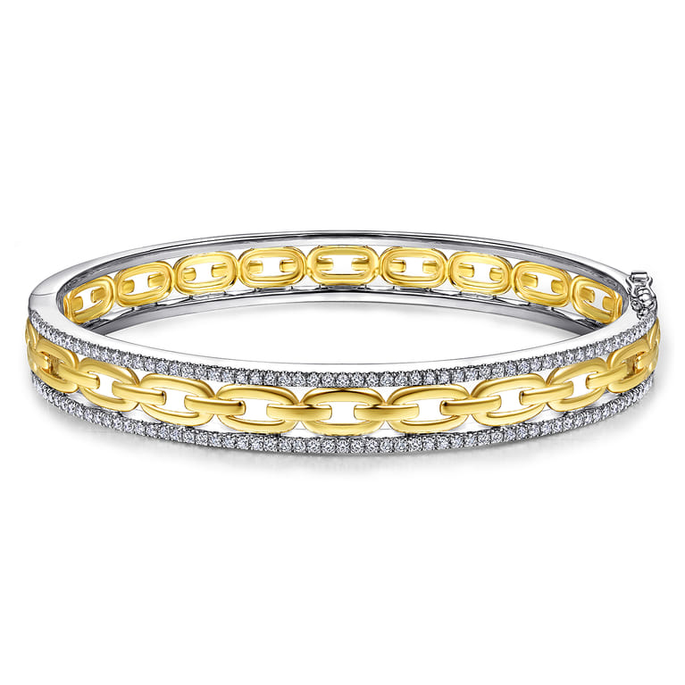 14K White and Yellow Gold Chain Link Bangle with Diamond Frame - 0.8 ct - Shot 1