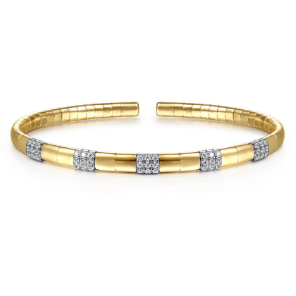 14K White and Yellow Gold Cuff Bangle Bracelet with Pave Diamond Stations