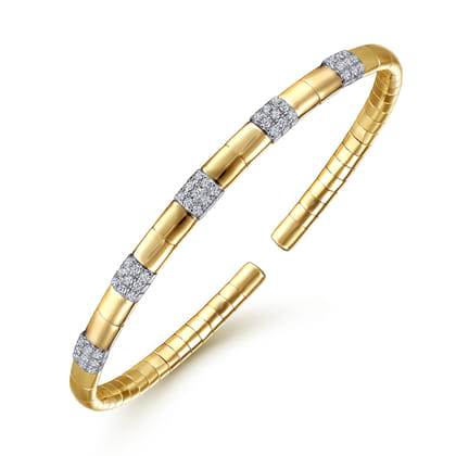14K White and Yellow Gold Cuff Bangle Bracelet with Pave Diamond Stations