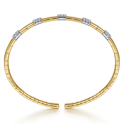 14K White and Yellow Gold Cuff Bangle Bracelet with Pave Diamond Stations