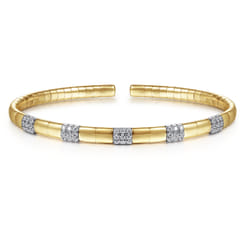 14K White and Yellow Gold Cuff Bracelet with Pave Diamond Stations