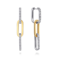14K White and Yellow Gold Diamond And Hollow Link Chain Earrings