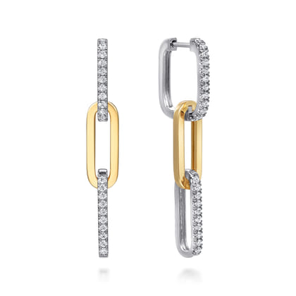 14K White and Yellow Gold Diamond And Hollow Link Chain Earrings