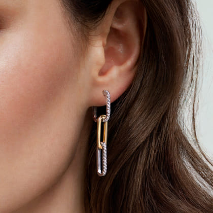 14K White and Yellow Gold Diamond And Hollow Link Chain Earrings