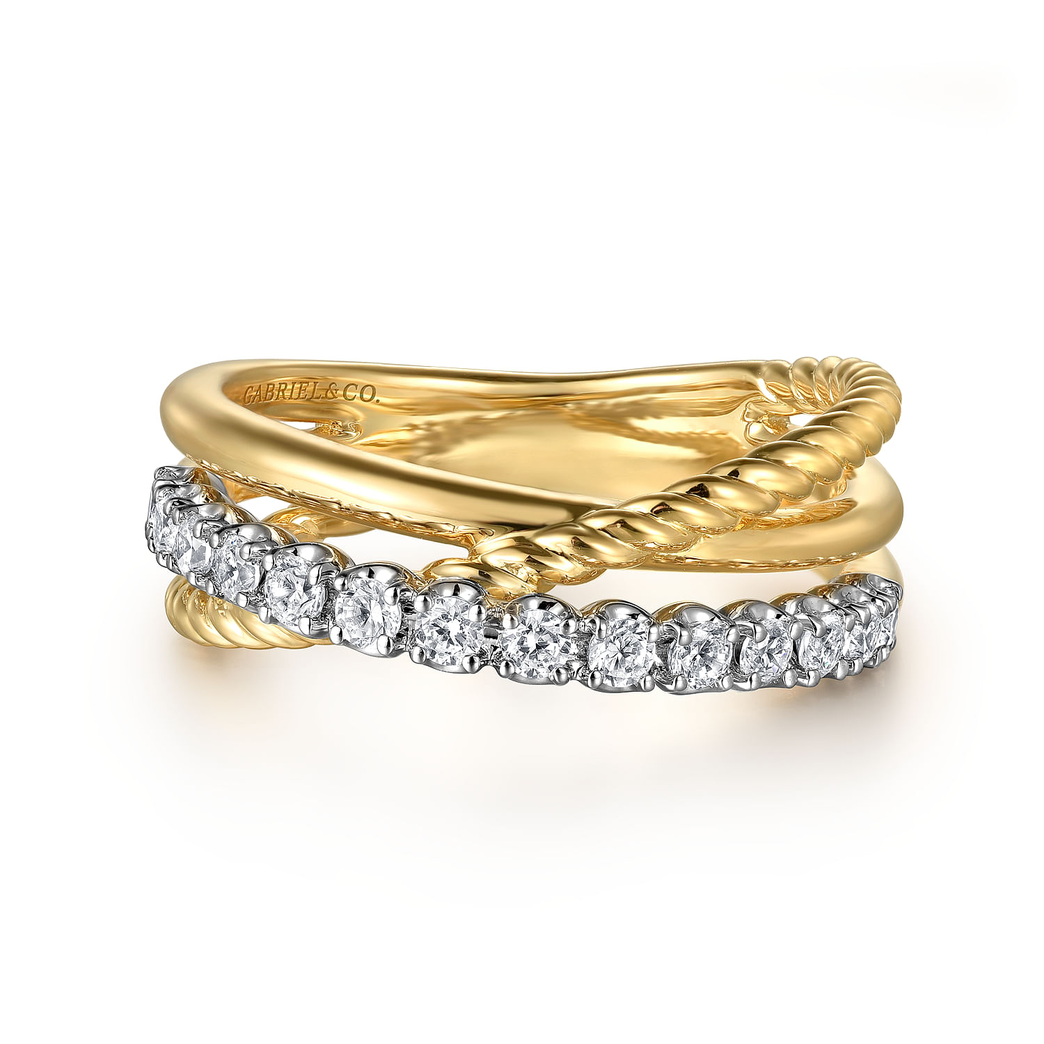 14K White and Yellow Gold Diamond And Rope Criss Cross Ladies Ring