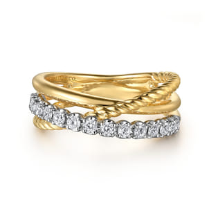 14K White and Yellow Gold Diamond And Rope Criss Cross Ladies Ring