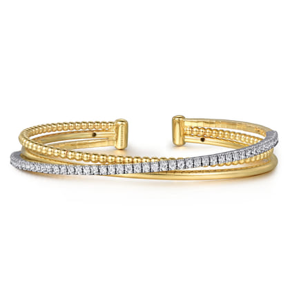 14K White and Yellow Gold Diamond Bujukan Criss Cross Bangle