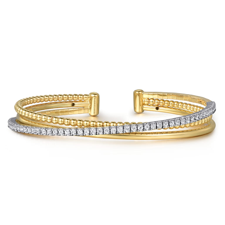 14K White and Yellow Gold Diamond Bujukan Criss Cross Bangle - 0.77 ct - Shot 1
