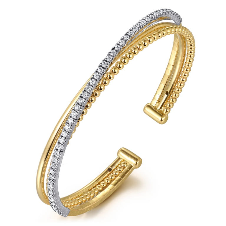 14K White and Yellow Gold Diamond Bujukan Criss Cross Bangle - 0.77 ct - Shot 2