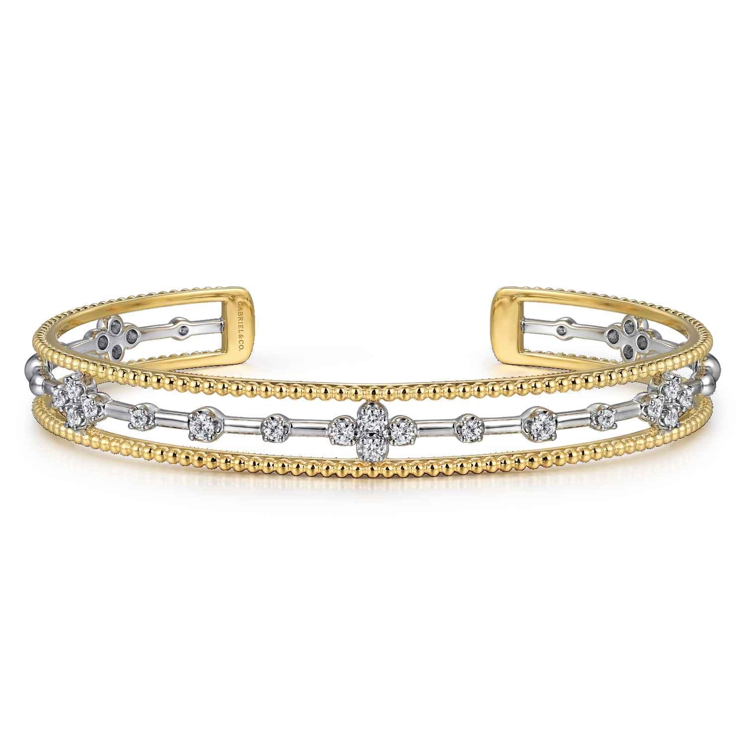 14K White and Yellow Gold Diamond Bujukan Cuff Bangle With Brush Finish - 0.4 ct - Shot 1